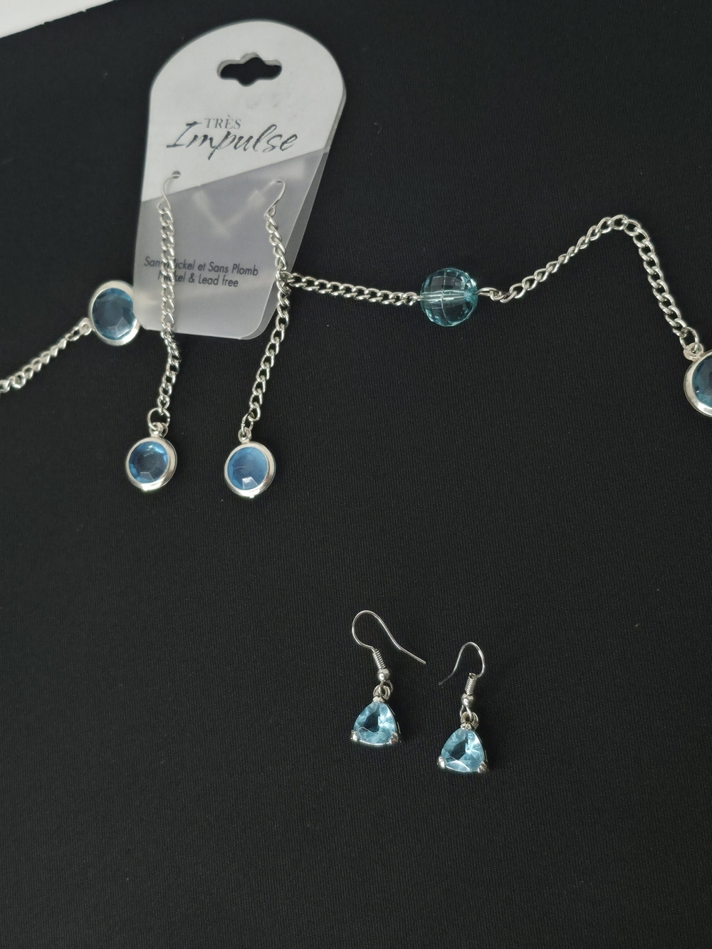 Vintage Sapphire Blue Faceted Station Necklace Matching Earrings Set 3pc - Picture 2 of 6